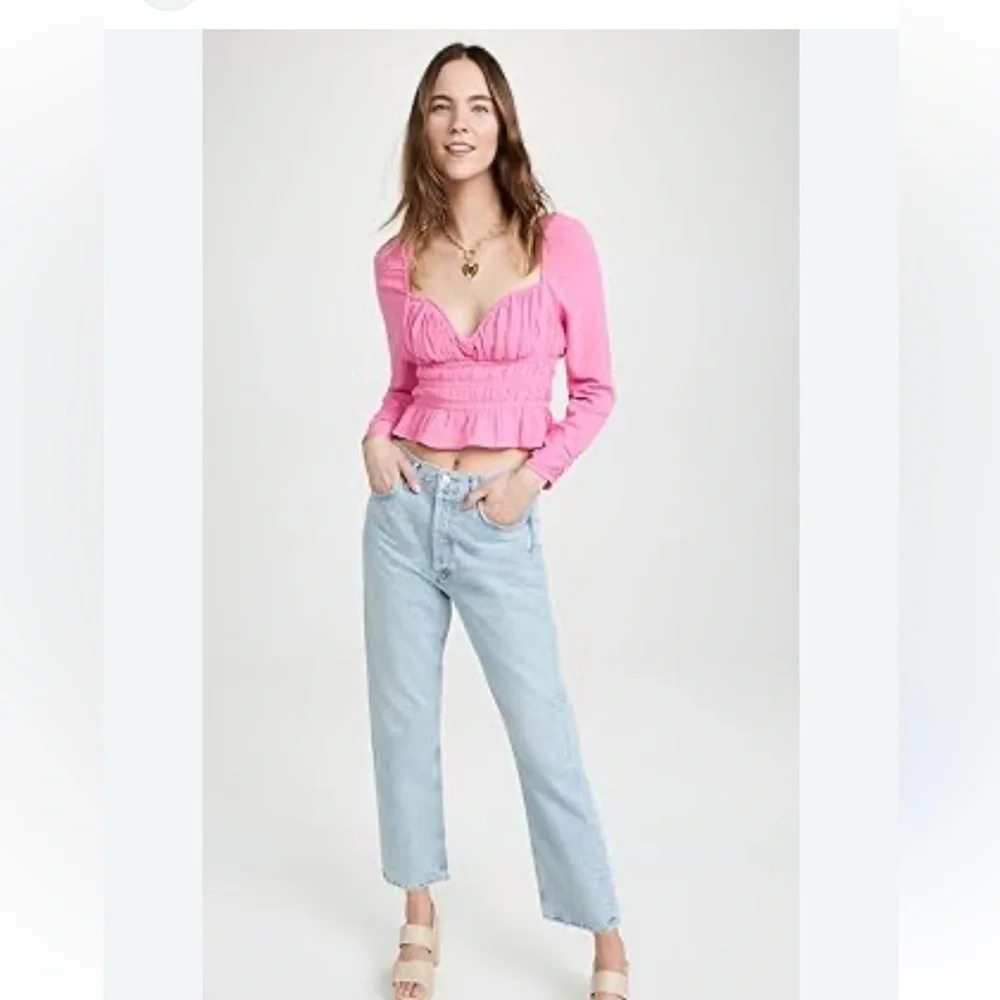 Free People Pink Long Sleeve Smocked Crop Blouse Chloe coquette sweetheart